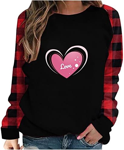 Ризи за Свети Валентин Дамски Блуза Love Heart Графична Тениска С Дълъг Ръкав Срастването Buffalo Кариран Пуловер Топ Туника