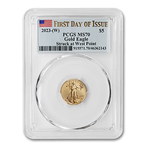 Монета MS-70 златни кюлчета Американски орел с тегло от 1/10 унция, без знака на ментата 2023 г. (MS-70) (Първи ден на издаване - със званието в Уест Пойнт - Етикет с флага) 22 хил?