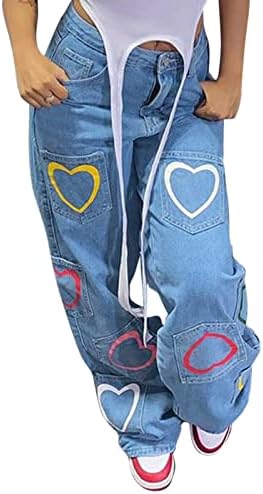 Дамски къси панталони YUHAOTIN, Дънкови Панталони Размер плюс, Дънкови Панталони с принтом с цип, Дамски Ежедневни Свободни Дънки С много джобове във формата на Сърце