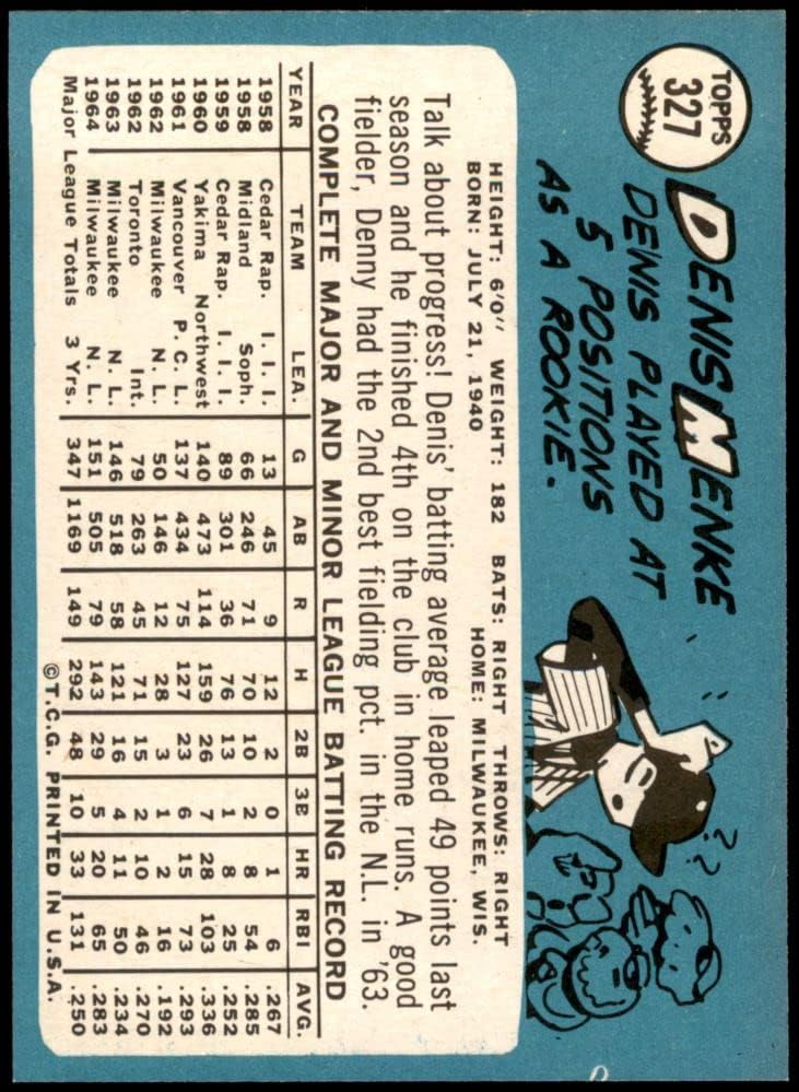 1965 Topps # 327 Денис Менке Милуоки Брейвз (бейзболна картичка) NM/MT Braves