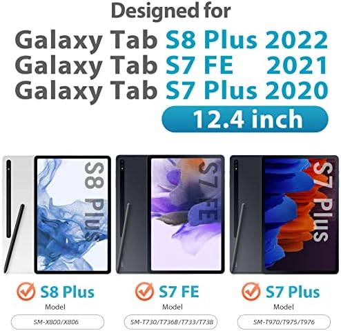 Калъф HXCASEAC за Galaxy Tab S7 FE / S8 Plus / S7 Plus 5G 12,4 инча с защитно фолио за екрана / Притежател на дръжка / Въртящ се на 360 градуса стойка за каишка за ръка, здрав калъф за Samsung Galaxy S