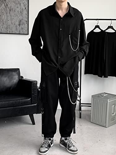 NIBHZ Облекло от две части за мъже, мъжка риза с веригата и панталони с заниженными рамене (Цвят: черен размер: средно)