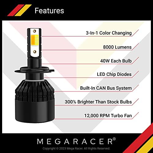 Лампа за фар Mega Racer H7, 3 Сменяеми цветове на Сменяеми лампи (6000 До бриллиантово-бяло, 3000 До Златисто-жълт,