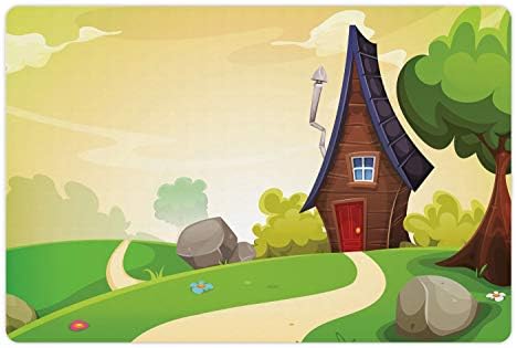 Cartoony подложка за домашни любимци Ambesonne за храна и вода, Летен Пролетен Пейзаж с Ливадна Трева, Селски