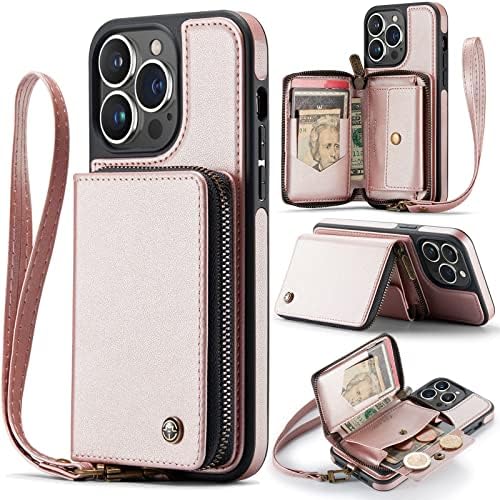 Чанта-портфейл DTRAIN, съвместим с iPhone 14 Pro Max, Флип калъф от изкуствена кожа с каишка-напульсником, притежател на кредитна карта RFID и джоб с цип за жени и мъже (розово зл?