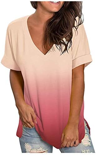 Блуза Свободно Намаляване за Жени, Модни елегантно облечен с Тениска Наклон Цвят, Лятна Ежедневни Тениска С Къс Ръкав и V-образно деколте, Т...