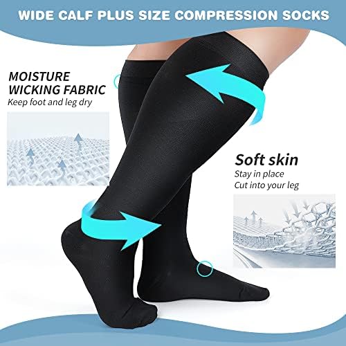 AKSO MEDICOS 3 Двойки Компрессионных чорапи голям размер (2XL-7XL) 20-30 мм hg.календар. Екстра Широки Чорапи до коляното за подобряване на кръвообращението, Разширени вени, Под?