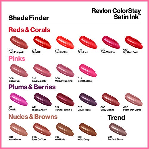 Течни червила на Revlon, За грим лице, Спирала ColorStay Ink Satin, Устойчиви наситени цветове на устните Съдържа
