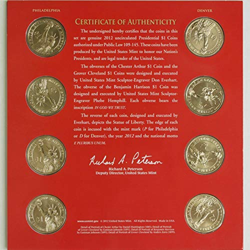 2012 P &D Президентския комплект от 8 блестящи монети, деноминирани 1 долар на САЩ без лечение - Всички БУ с сатинировкой - в оригиналната опаковка на поръчка от COA Монетн