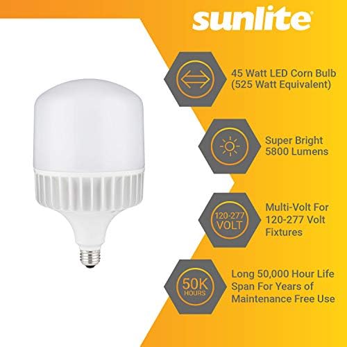 Sunlite 81259-СУ LED T36 Сверхяркая царевичен лампа с високо люменом, 45 W (еквивалент на 525 W), 5800 Lm, Средна база e26, 120-277 Волта, без регулиране на яркостта, на 30 К-Топло бяло, посоч?