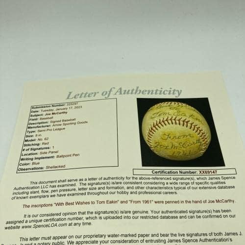 Бейзболен сингъл Джо Маккарти с автограф от JSA COA - Бейзболни топки с автографи