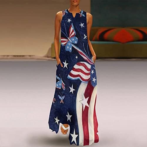 На 4 юли, Макси Рокли за Жени, Лятно Ежедневното Свободно Рокля в стил Бохо, Без Ръкави Рокля с V-образно деколте, Американски Флаг, Струящееся Плажна Рокля