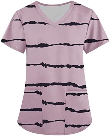 NOKMOPO / Дамски Тениски, Ежедневни Памучни Модни Блузи с V-образно деколте и Къси Ръкави, Джобове и Принтом Райе
