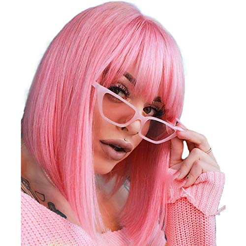 AISI BEAUTY Розови перуки-боб с бретон 12 инча Къси преки перуки-боб Цветни синтетични перуки за cosplay за