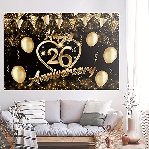 5665 Щастлив Фон за 26–та Годишнина на Банер Декор на Черно Злато - Блестящо Сърце на Любовта Щастливи 26 Години