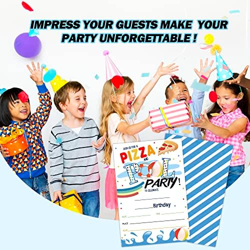 Комплект от 20 Покани картички с конвертами за рожден Ден за деца, Допълващи билет за парти с пица и басейн за момчета или момичета, Удобства за лятна тематични парти